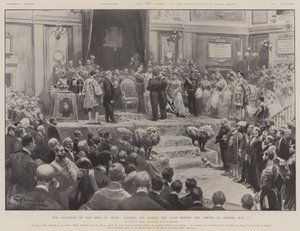 De Troonsbestijging van de Koning van Spanje, Alfonso XIII die de Eed aflegt voor de Cortes in Madrid, 17 mei